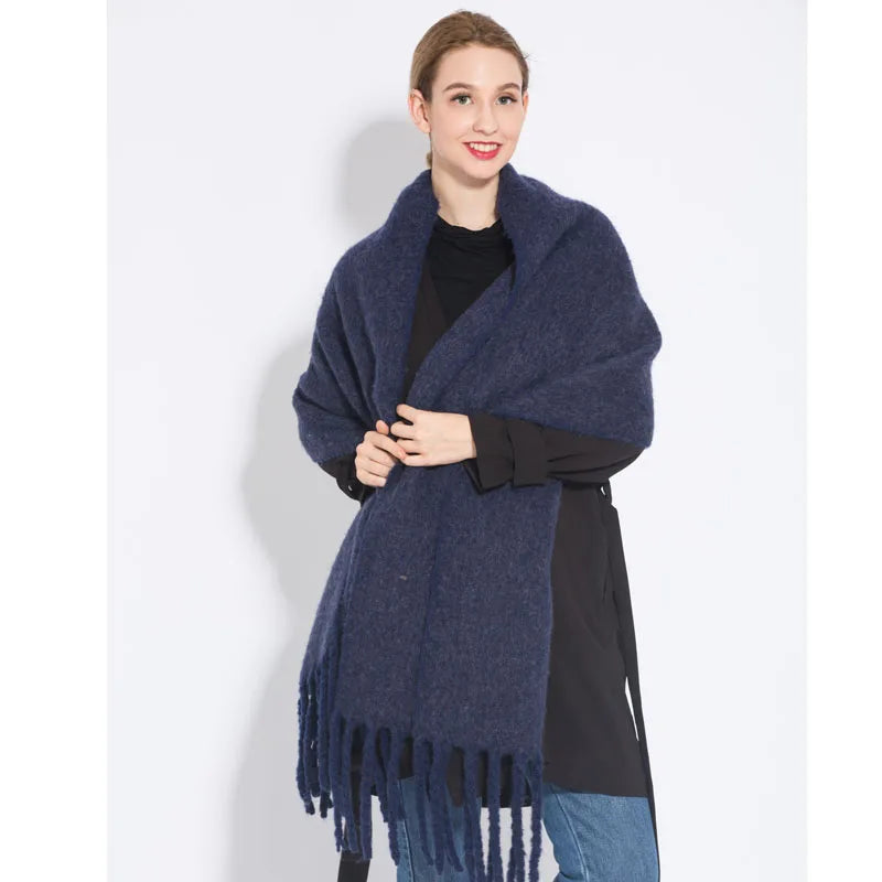Bufanda de cachemira de lujo para otoño-invierno; gruesa y cálida. Chal clásico con borlas. Bufanda mullida. Bufanda de color liso. Chal suave.