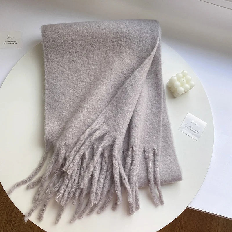 Bufanda de cachemira de lujo para otoño-invierno; gruesa y cálida. Chal clásico con borlas. Bufanda mullida. Bufanda de color liso. Chal suave.