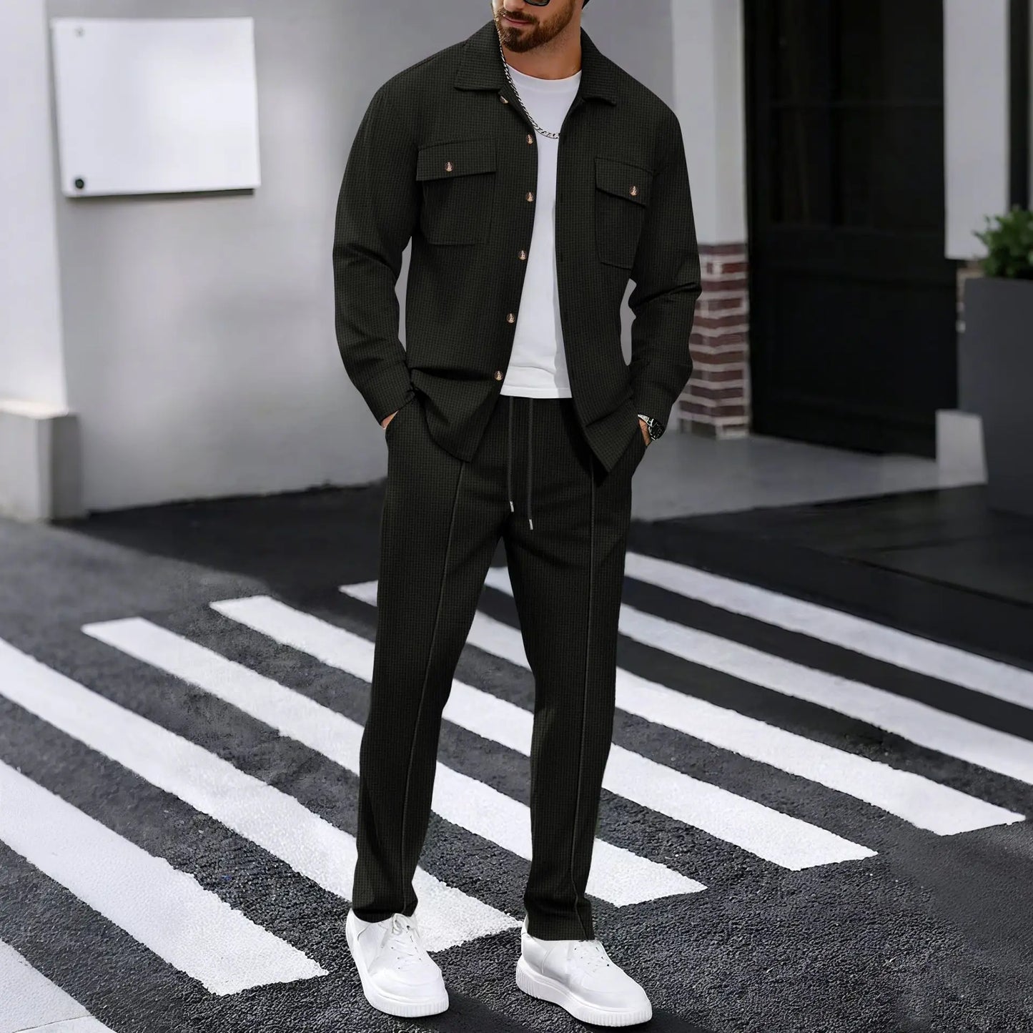 Nuevo conjunto de pantalones de manga larga de hombre, de color liso y tejido tipo gofre, de alta calidad, a la moda.