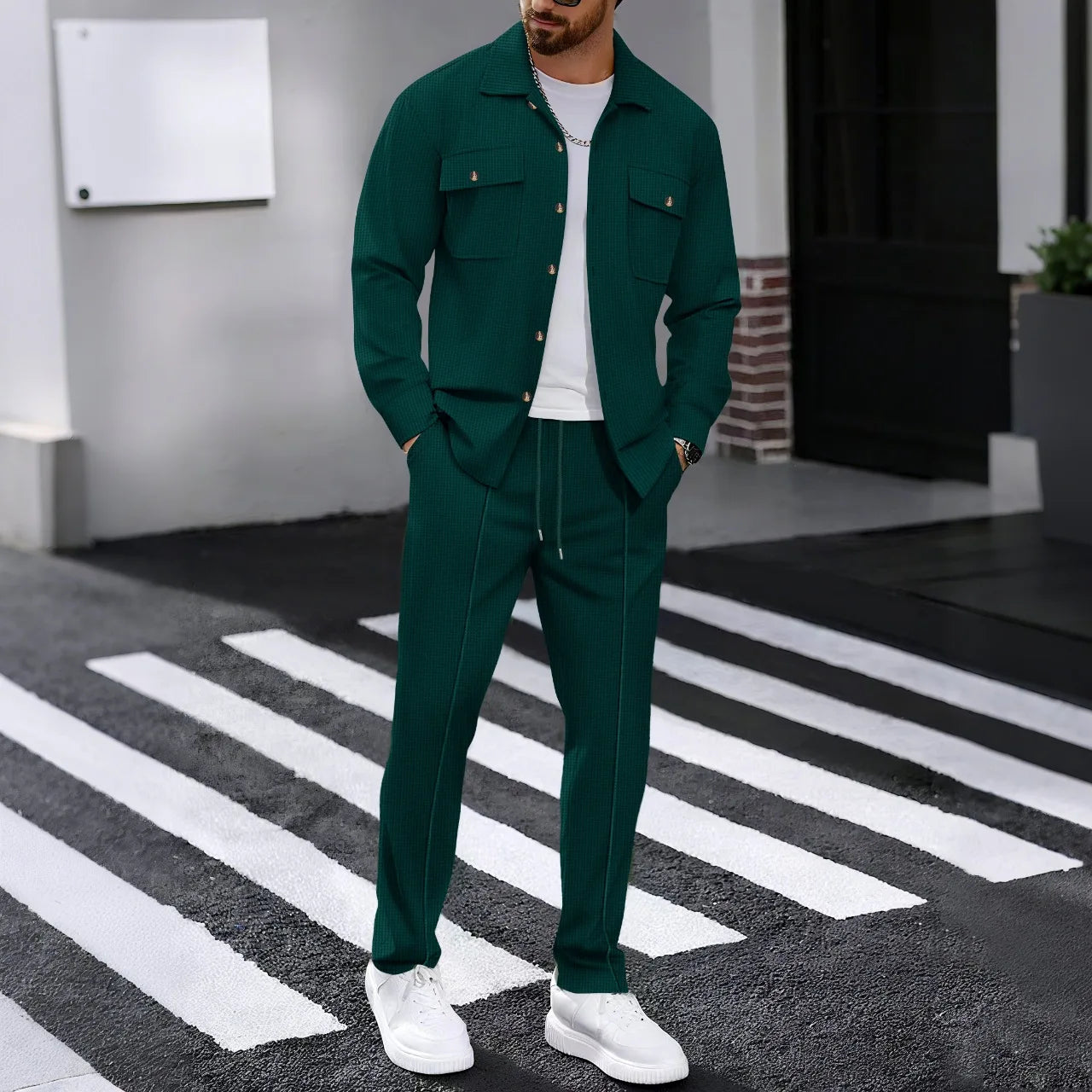 Nuevo conjunto de pantalones de manga larga de hombre, de color liso y tejido tipo gofre, de alta calidad, a la moda.
