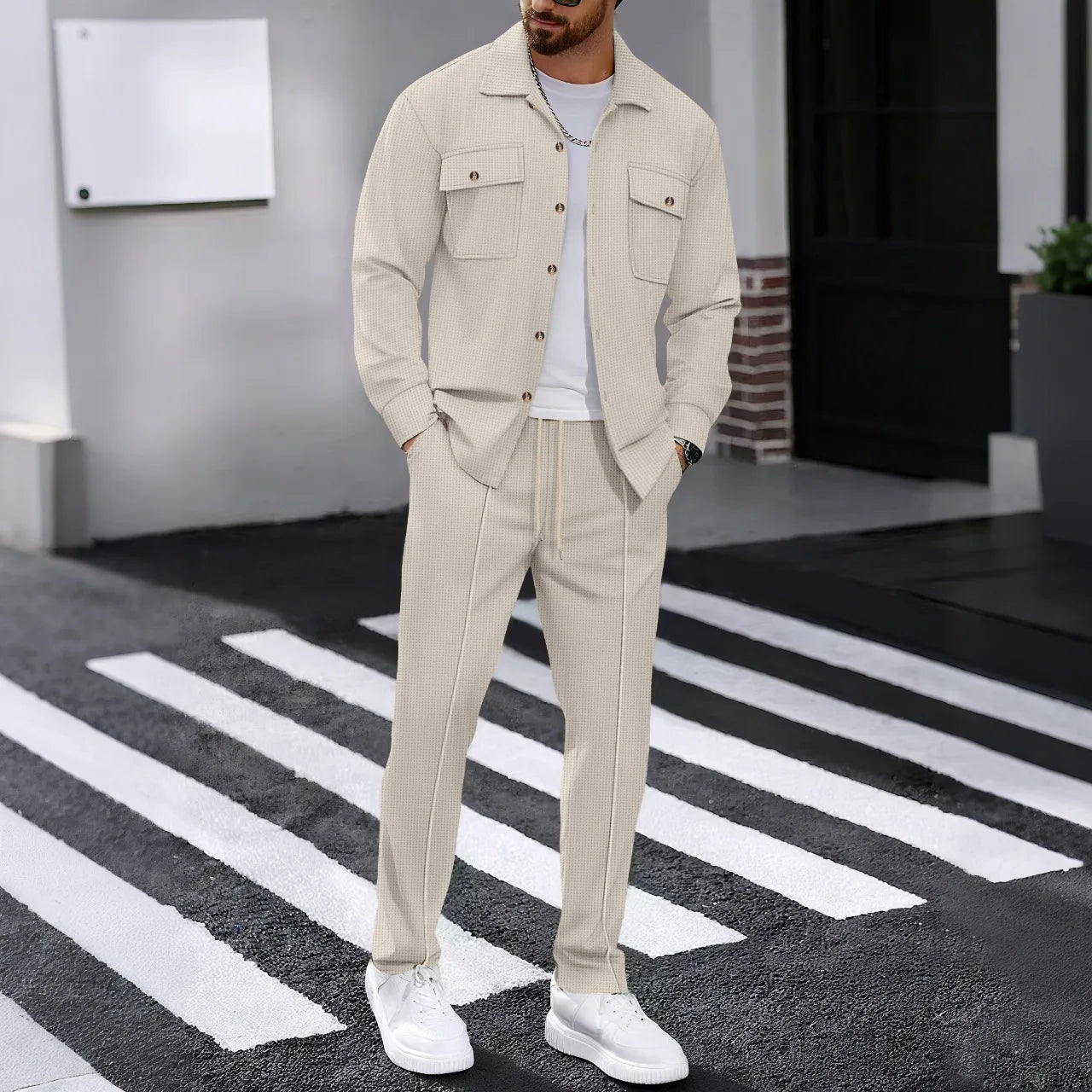 Nuevo conjunto de pantalones de manga larga de hombre, de color liso y tejido tipo gofre, de alta calidad, a la moda.