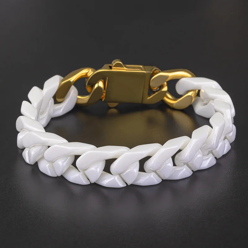 Pulsera de acero inoxidable y cerámica, para hombre y mujer, con diseño de mosaico y pulido en los cuatro lados; accesorios de acero y titanio