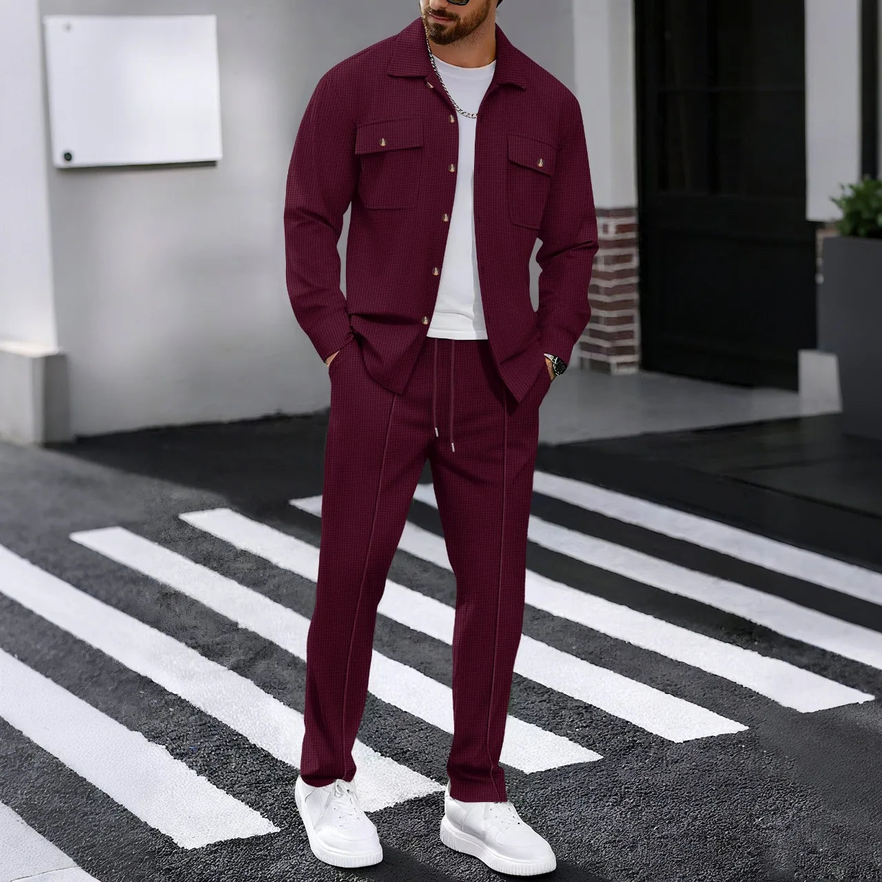 Nuevo conjunto de pantalones de manga larga de hombre, de color liso y tejido tipo gofre, de alta calidad, a la moda.