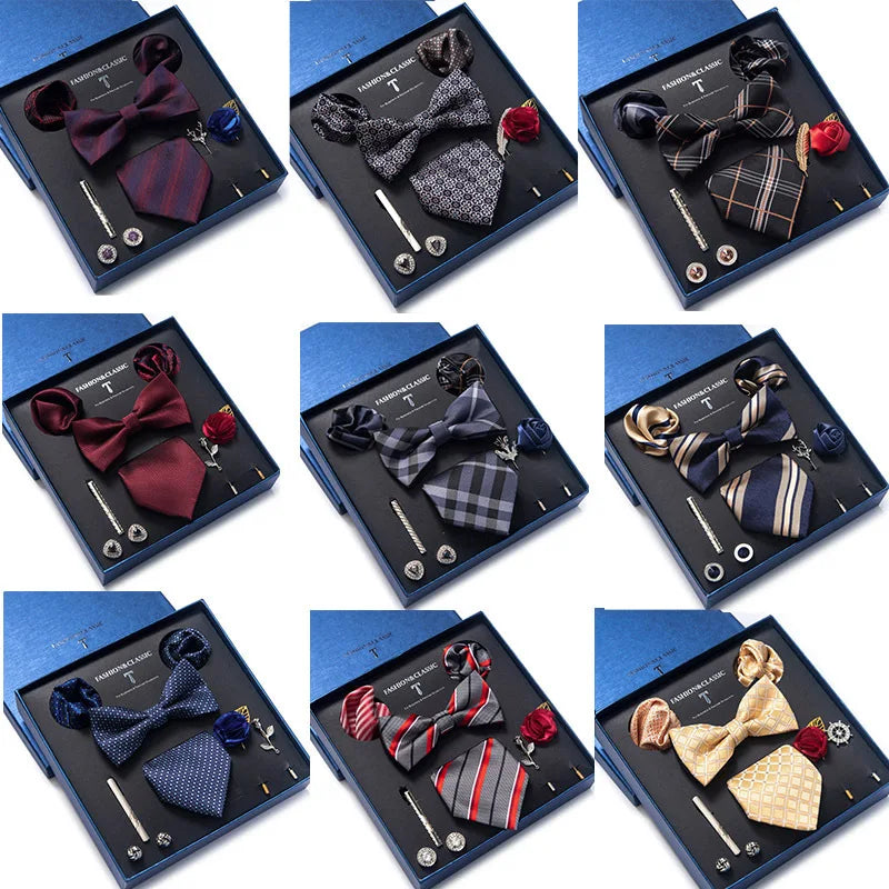 Conjunto de corbata de seda último diseño: pañuelo de bolsillo, gemelos, clip para pajarita y corbata.