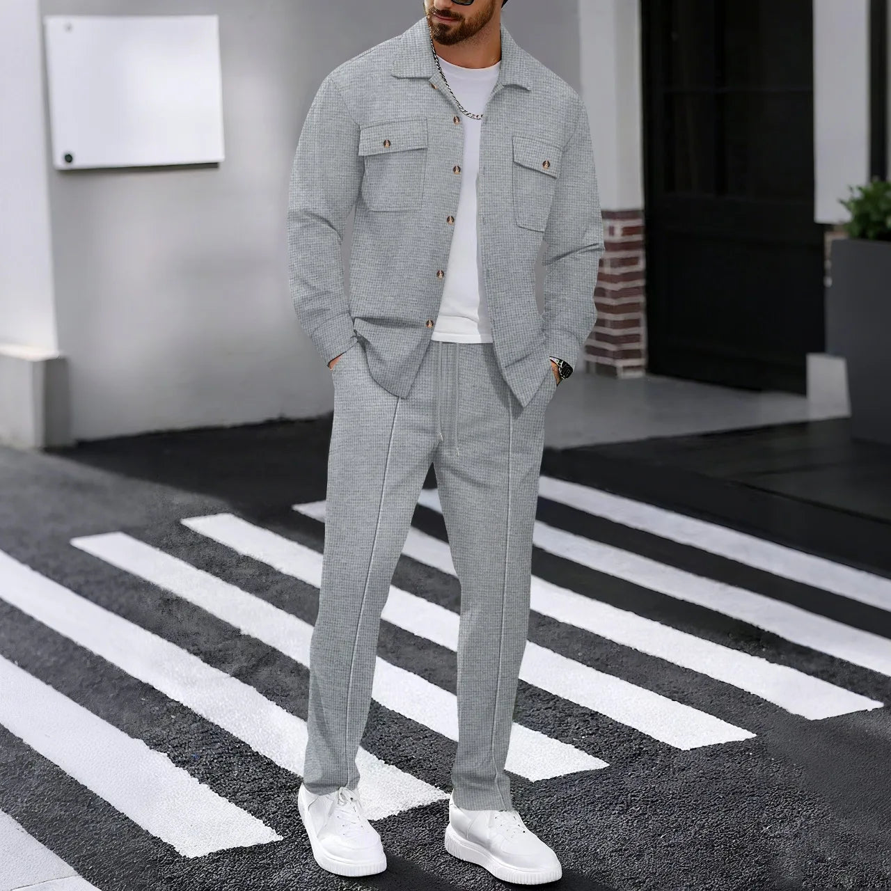 Nuevo conjunto de pantalones de manga larga de hombre, de color liso y tejido tipo gofre, de alta calidad, a la moda.